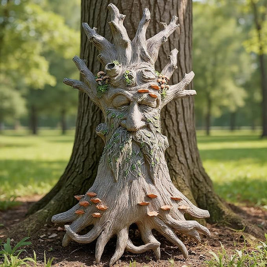 12" Real Tree Face Hugger Statue, Garden Trees Tree Huggers Decor with Mushroom Foliage Features, Outdoor Fairy Elve Accent Yard Art, Halloween Trees Decorations Outdoor Wall Mounted Statue