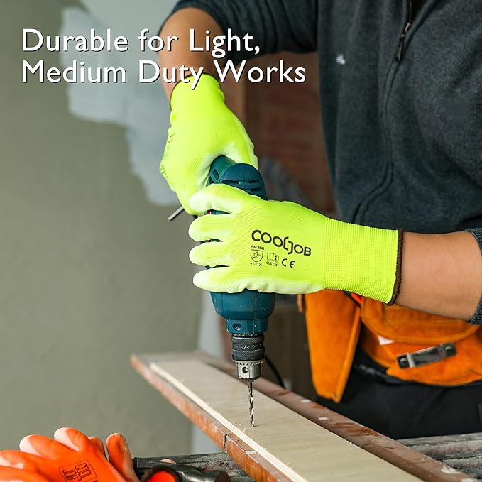 COOLJOB 12/60 Pairs Safety Work Gloves Pack Bulk with Grip PU Coating, 13 Gauge Seamless Knit Gloves with Polyurethane Dipped for Warehouse Working, Breathable Lightweight for Men Women, Yellow Large