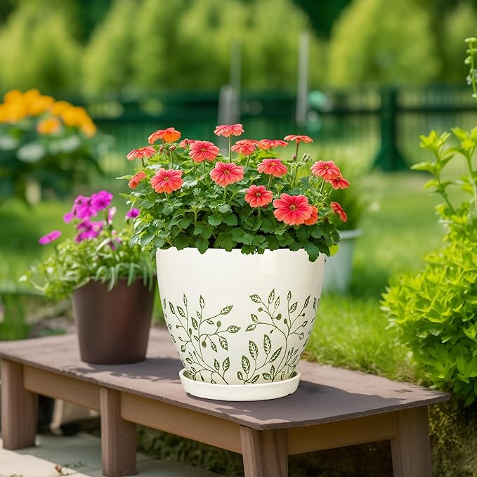 10 Inch Ceramic Planter - Ceramic Plant Pot for Indoor Outdoor Plants, Boho Round Indoor Flower Pot with Drainage Hole and Saucer, Gifts for Plant Lovers, Home Garden Apartment Decor, White