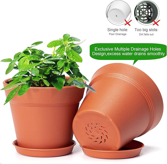 10 Pack Plastic Plant Pots with Drainage Holes and Tray, 5 inch Thickened Indoor Planters Seedlings Nursery Pots for Flowers, African Violet, Succulent and All House Plants, Terracotta