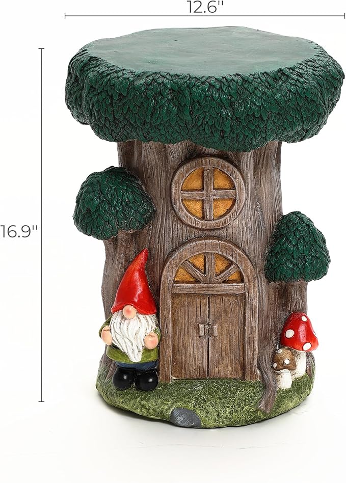 LuxenHome Gnome Garden Statue,17'' Tree House Statue, Outdoor Side Table, Plant Stand for Balcony, Gift, Large Garden Ornaments Yard Decor, Fairy House, Patio Side Table, Sculpture, Tree Stump