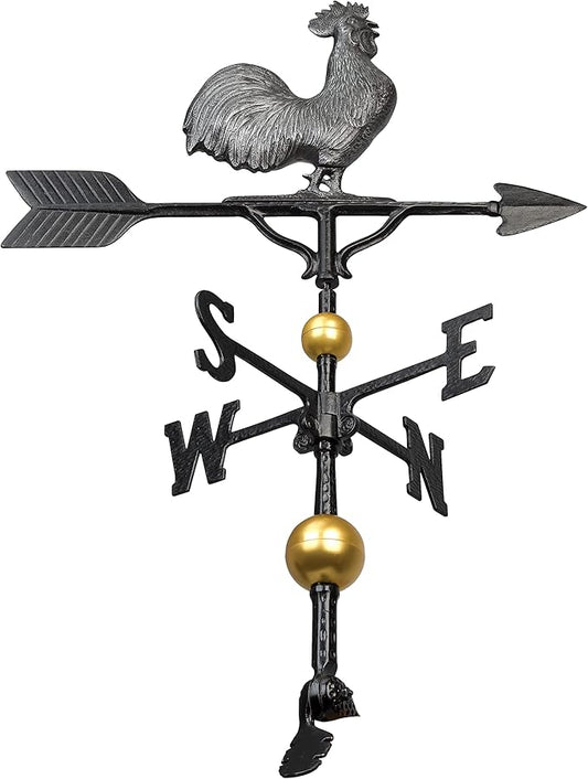 Montague Metal Products - 32'' Aluminum Deluxe 3D Rooster Weathervane 300 Series - Wind Vane with Ornament - Roof Metal Decor - Mount Included (4 to Choose from) - Hand Cast Aluminum (Swedish Iron)