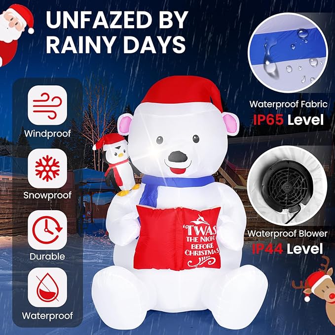 8FT Giant Christmas Inflatable Polar Bear with Penguin Decoration, LED Light Up & Built-in Speaker, Blow Up Outdoor Indoor Xmas Yard Decor for Lawn Garden Party Holiday Season