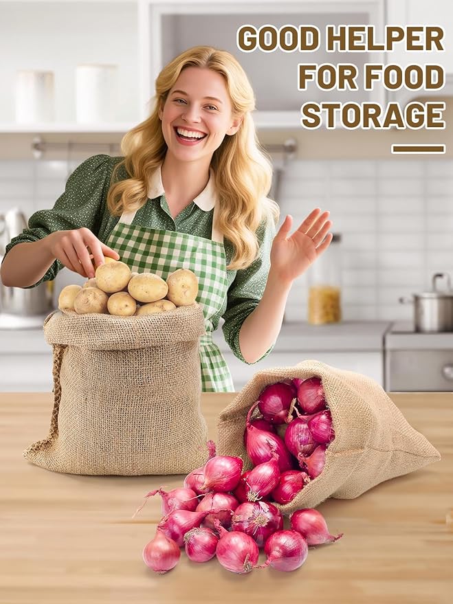 ANPHSIN 4Pcs Breathable Natural Burlap Bags - 14"x20" Reusable Thicken Jute Potato Onion Food Storage Sacks with Rope