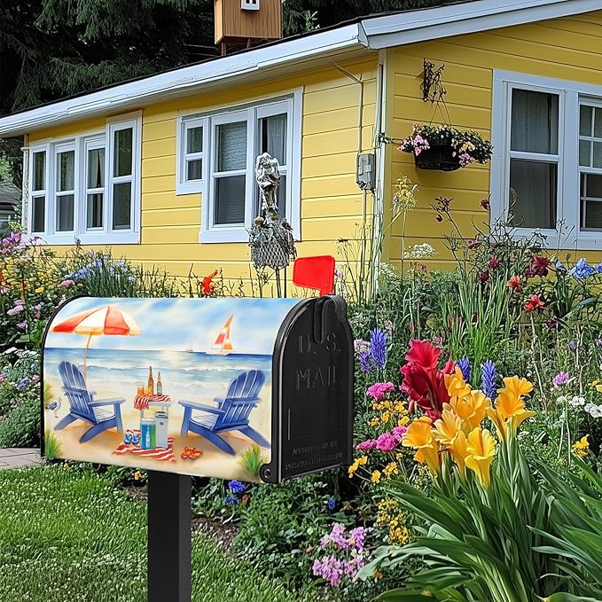 Summer Mailbox Covers Magnetic Beach Mailbox Cover Ocean View Mail Box Covers Sun Umbrella Post Letter Box Wraps Standard Size 21x18 inch Blue Chair Decorations for Outside Garden Yard