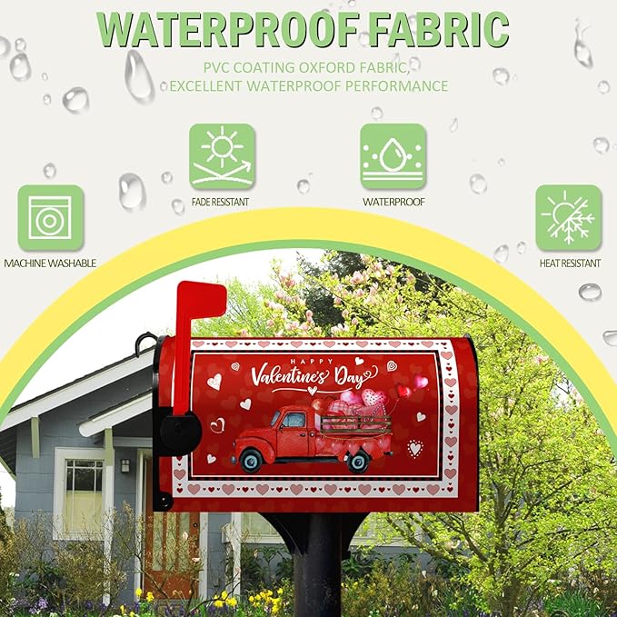 Happy Valentine's Day Mailbox Cover Red Truck and Heart Mailbox Wrap with Magnetic Strip Love Holiday Mailbox Post Letter Box Cover Standard Size 21" X 18" for Outdoor Decor