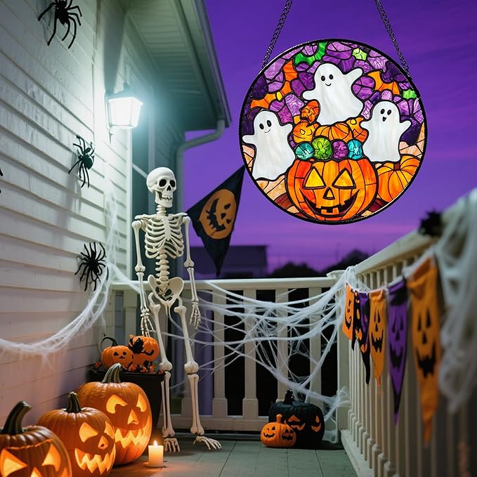 Stained Glass Window Hanging Halloween Horror Pumpkin White Ghost 11.8" - Suncatcher Door Garden Sunroom Gothic Style Sun Catcher Birthday for Friend Mom Men Woman Nana