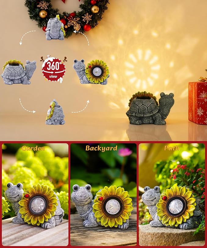 Solar Turtle Sunflower Light Garden Decor, Outdoor Statue Ornaments for Home Yard Lawn,Unique Gifts for Women Grandma Mom(Grey)