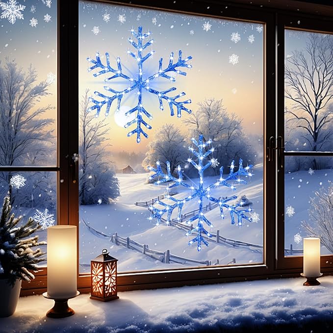 Christmas Window Snowflake Lights Decorations, Battery Operated Led Hanging Iron Lights, 8 Lighting Modes for Home Bedroom Indoor Outdoor Wall Holiday Decor (Blue, 2 Pack)