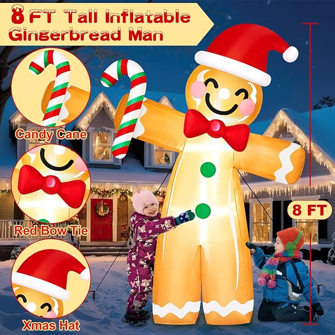 8FT Tall Giant Gingerbread Inflatable Christmas Decorations Outdoor Candy Cane, Built-in LED Lights Funny Ginger Bread Blow Up Outside Decoration for Xmas Holiday Indoor Party Yard Lawn Garden Decor