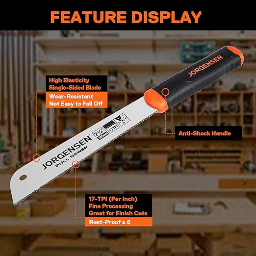 JORGENSEN Japanese Pull Saw, 7.25" Hand Saw Single Edge, 17-TPI SK5 Flexible Blade Handsaws, Flush Cut Saw with Soft Grip Handle for Fine Woodworking & Fast, Precise Cuts