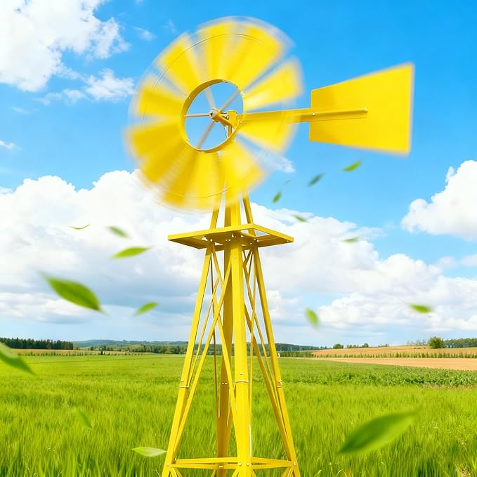 8FT Windmill for Yard Garden Decoration with Weather Vanes，Heavy Duty Outdoor Wind Mills, Large Metal Outdoor Windmill,Weather Resistant,Yellow
