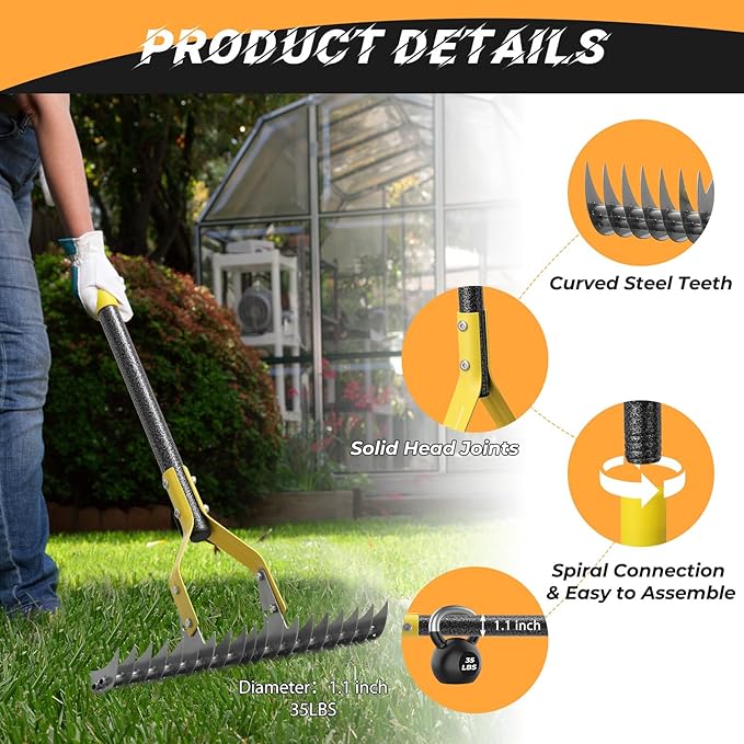 Thatch Rake, 19-Tine Lawn Leveling Dethatcher Rake with Long Adjustable Steel Metal Handle, 55“ Gardening Tools for Loosen The Soil,Laying Sod, Removing Thatch and Cleaning Leaves