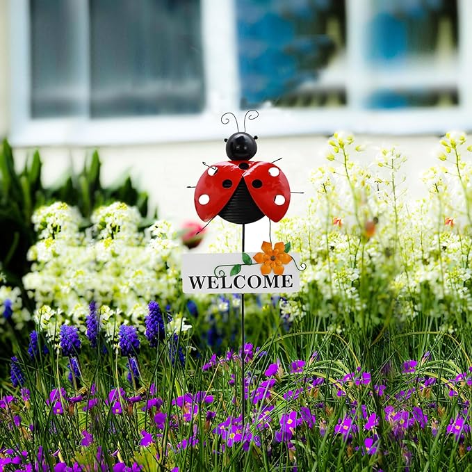 Veclotch Metal Insects Garden Stake,Decorative Yard Stakes Metal Yard Art Ornaments Welcome Sign Outdoor Spring Garden Decor Patio Lawn Porch Pathway Decor (Butterfly Ladybug bee Dragonfly)