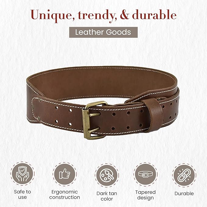 Style n Craft - 3" Wide Tapered Full-Grain Leather Work Belt, Durable and Rugged Belt, Dark Tan (98437)