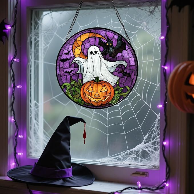Stained Glass Window Hanging Halloween Scary Purple Night Sky Bat Ghost Large 11.8" - Suncatcher Door Garden Sun Catcher Gothic Home Decor Birthday Horror Gifts for Mom Men Woman Friend