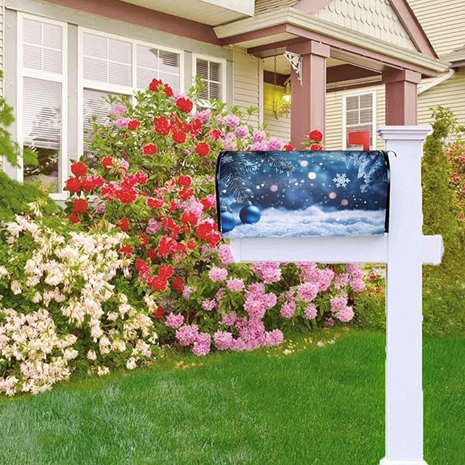 Festive Magnetic Mailbox Cover Winter Christmas Blue Ball Pattern Outdoor Mailbox Protector Holiday Seasonal Decorative Garden Yard Home Standard Size 21 x 18 Inch