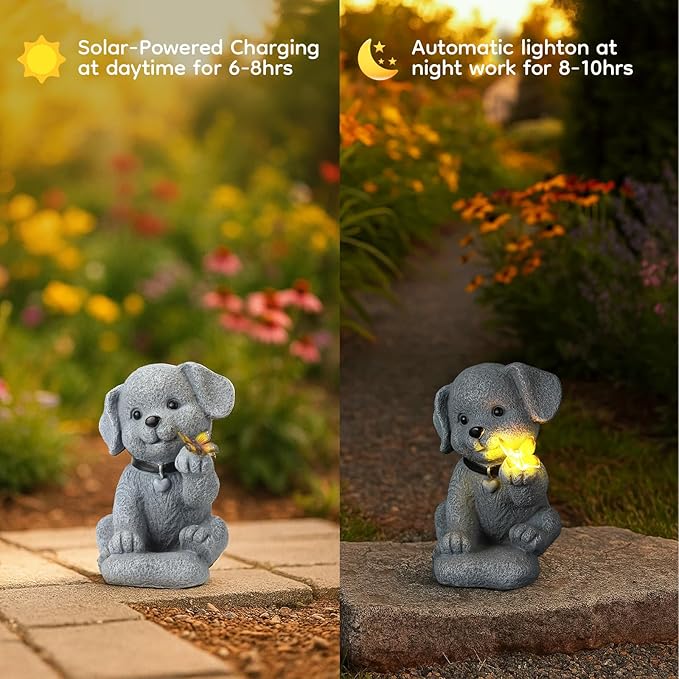 Solar Puppy Dog Garden Light Decor - 7.9" Cute Pet Memorial Statue, from Dawn to Dusk LED Light, Weatherproof Resin for Yard Pathway & Dog Lover Gifts
