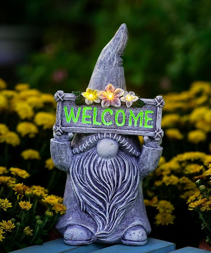 Nacome Solar Gnome Statue for Garden Decor: Outside Sculpture with Flower Welcome Sign Clearance for Yard Art Lawn Ornaments Porch Patio Balcony - Birthday Gifts for Grandma Mom Women(Grey)