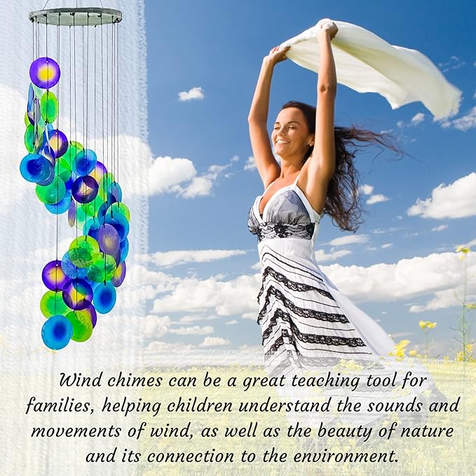 Bellaa 23332 Wind Chimes Capiz Sea Glass Shells Large 27 inch Outside Windchimes Peacock Home Decor Outdoor Garden Patio Yard Lawn Unique Gifts for Mom Grandma Woman Sympathy Memorial Remembrance