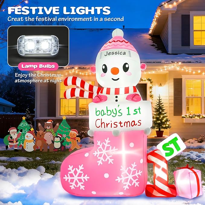 Christmas Inflatable Outdoor Decorations, 6 FT Inflatables Babys First Christmas Stocking Snowman Yard Decor, Built-in LED Light Blow up 1st Xmas DIY Name Ornament for Indoor Outside Lawn Garden(Girl)