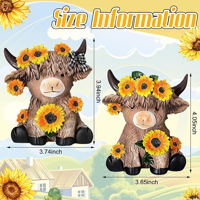 Wesiti 2 Pcs Sunflower Highland Cow Figurines Christmas Highland Cow Gift Gnomes Scottish Resin Statue Calf Lovers Gifts for Xmas Home Garden Kitchen Office Tiered Tray Table Decor(Sunflower)