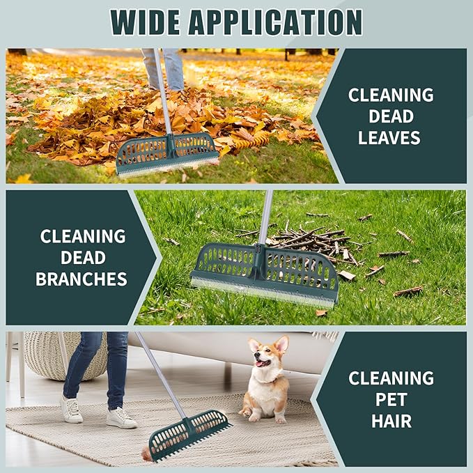Artificial Turf Rake with 18in Double-Sided Heads, 32-61 Inch Turf Brush Grass Rake for Artificial Grass, Turf Grass Broom for Garden Lawn Artificial Turf Leaves Pet Hairs