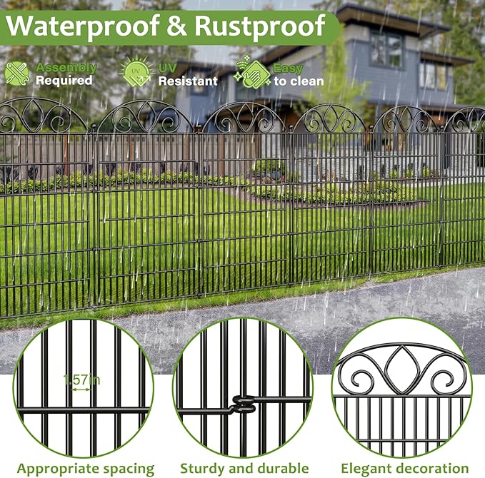 10 Panels No Dig Tall Garden Fence with Gate – 34" H X 22' L Rustproof Metal Dog Fences Outdoor for Yard, Decorative Animal Barrier Fence for Pet, Garden Border, Patio, Flower | Temporary Fencing
