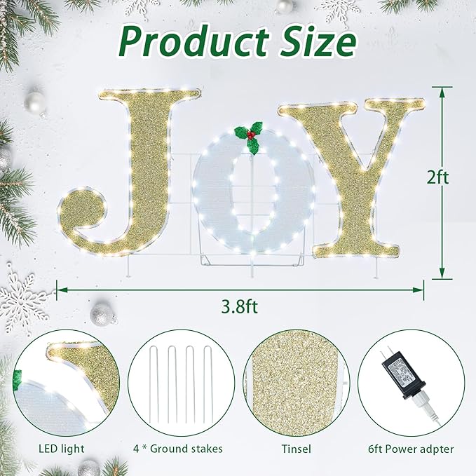 Outdoor Christmas Joy Nativity Decoration Christmas Lighted Joy with Holly Berries Pre-Lit 129 LED Lights Deacoration for Xmas Home Pathway Lawn Party Display