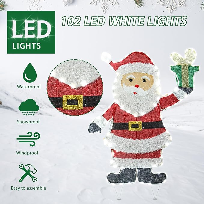 Christmas Santa Lighted Decoration Christmas Lighted Santa Clause with Gift Box Pre-Lit 102 LED Lights Decoration for Xmas Home Pathway Lawn Party Display