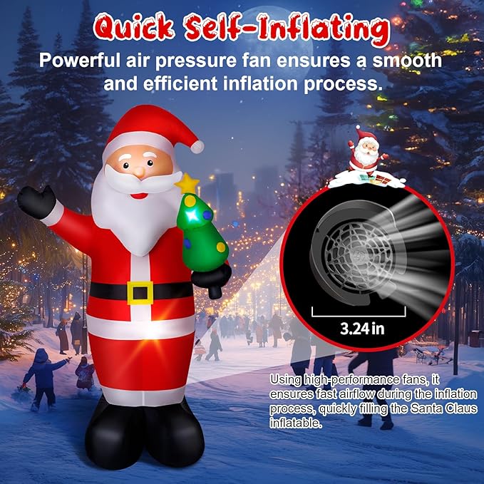 8FT Christmas Inflatable Santa Claus Outdoor Decorations, Inflatable Santa with Xmas Tree Built-in LED Lights, Blow Up Yard Decorations for Holiday Xmas Party Indoor Garden Lawn