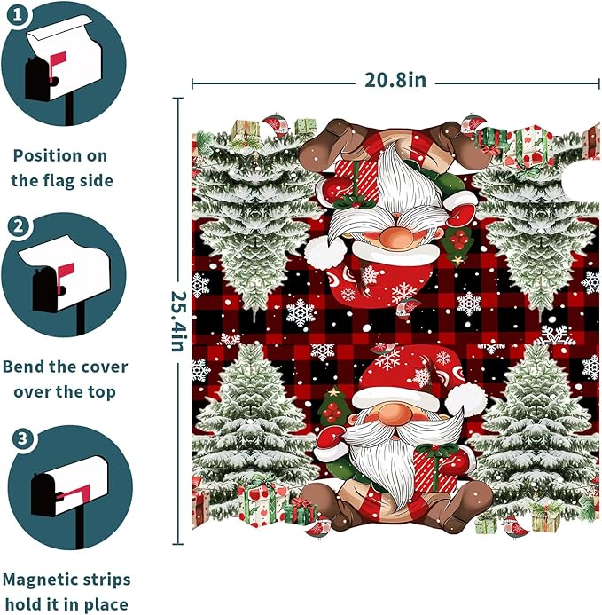 Christmas Mailbox Cover Magnetic Red Buffalo Plaid Gnome Mailbox Covers Magnetic Standard Size 21" X 25.5" Snowflake Mailbox Post Cover Letter Box Cover Home Garden Decor for Outside Decoration
