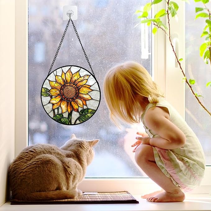 Stained Glass Window Hanging - Sunflower Flower Suncatcher Ready to Hang Window Doors Home Decoration and Christmas, Mother's Day Birthday Gifts for Women, Men, and Mom 6.3x6.3 in