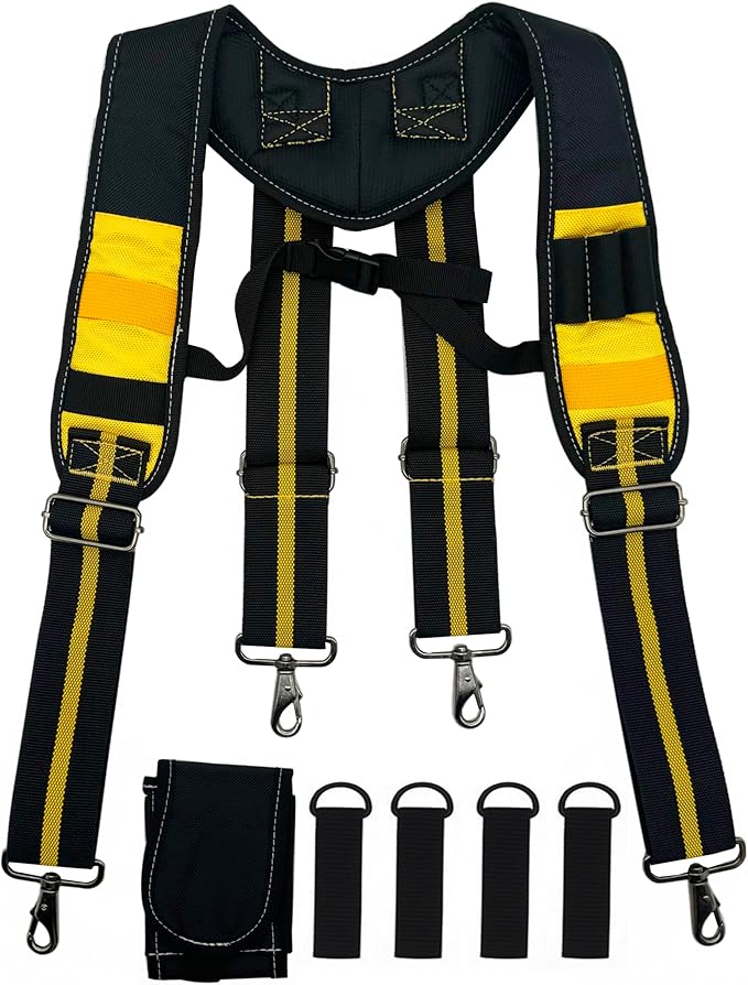 Tool Belt Suspender for Men 4 Point Padded with Attachment Loops, WristBand Pouch Pocket for Construction Worker