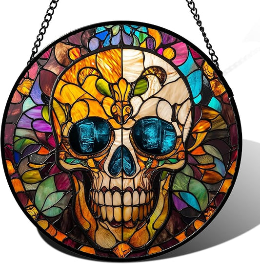 Stained Glass Window Hanging Halloween Retro European Colorful Skull Large 11.8" - Suncatcher Door Garden Sun Catcher Gothic Decor Birthday Horror Funny Gift for Mom Woman Nana Friend Men