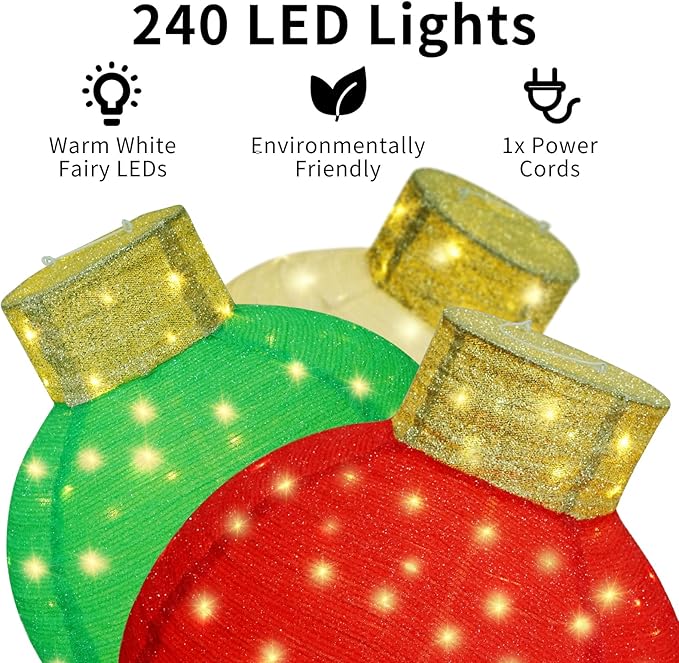 Giant Lighted Pop-Up Christmas Ornaments for Outdoor Display, 3-Piece Holiday Ball Decorations with 240 LEDs, Red/Green/White for Yard or Lawn
