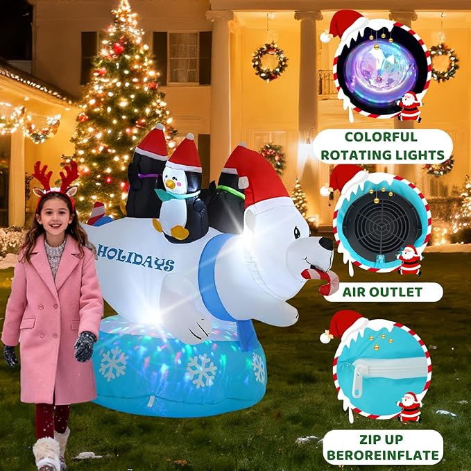 6FT Polar Bear Inflatable Decoration with Built-in LED Lights and Colorful Flashing Lights, Christmas Outdoor Inflatable Decoration for Lawn, Yard, Garden, Patio