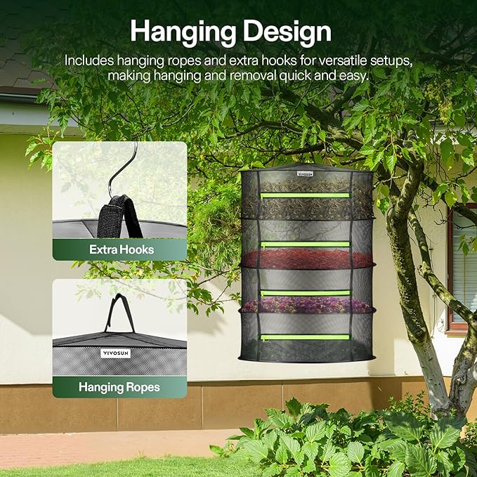 VIVOSUN 2-Pack 4-Layer Mesh Drying Rack Hanging Design with Green Zippers for Dehydrating, Indoor and Outdoor (Pruning Shears Included)