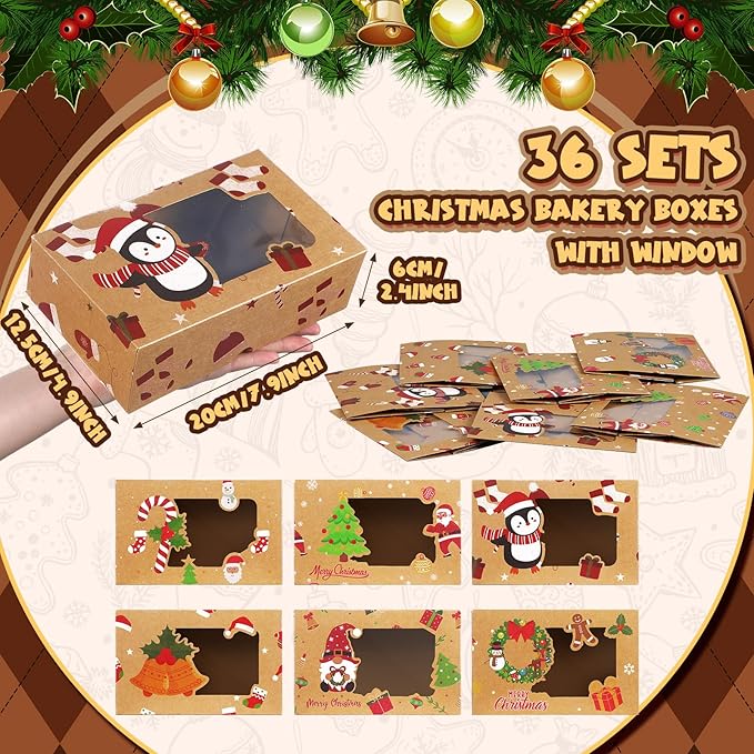 36 Pcs Christmas Cookie Boxes with Clear Window, Holiday Bakery Box Goodie Box Candy Boxes Treat Containers for Food Cupcake Brownies Donuts Gift Giving, 6 Designs(Novel)
