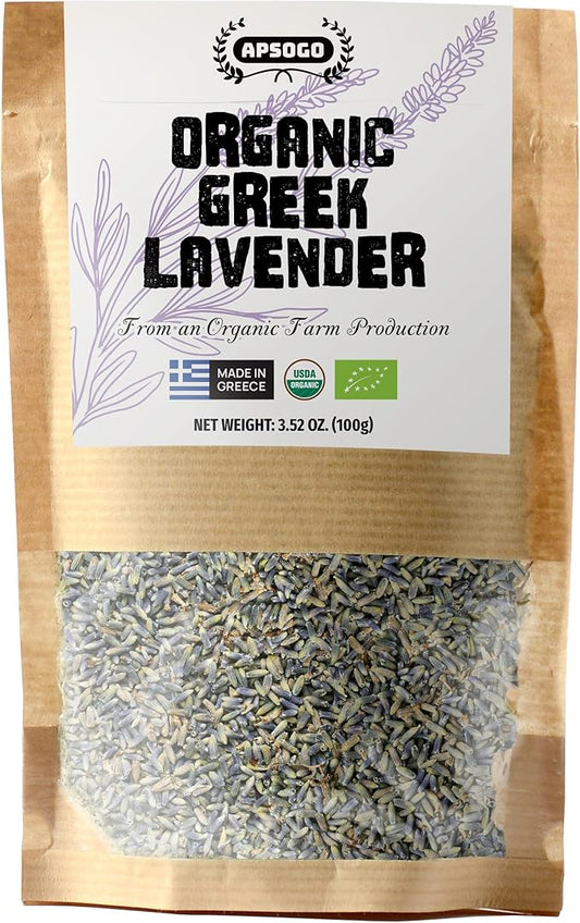 Apsogo Organic Greek Lavender – Premium Dried Flowers (3.52 oz), Organic Herbal Lavender Tea & Culinary Use, Whole Buds in Resealable Pouch