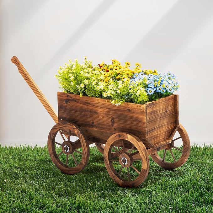 IDZO Wood Wagon Planter for Outdoor Balcony Decor - Garden Rustic Wooden Flower Cart with Wheels for Outside - Garden Decor - Amish Decorative Indoor - Wheelbarrow Planter for Patio
