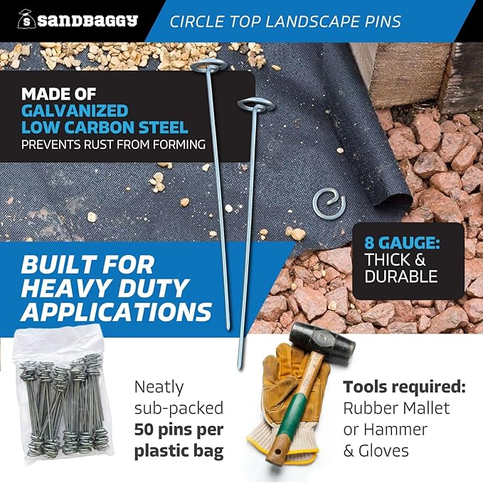 Sandbaggy 12-inch Circle Top Pins - Landscape Staples (Galvanized) - Garden Stakes for Landscaping, SOD - Heavy Duty Ground Stakes, Lawn Turf Spikes, Christmas Decorations, Weed Mats (100 Pins)