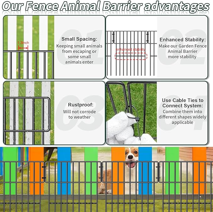 25 Panels Animal Barrier Fence, 27ft(L) x 17in(H) No Dig Fences for Dogs, Rabbits Dog Digging Fences Barrier, Rustproof Metal Defense Fence for Outdoor Yard, with Cable Ties and Cutting Plier