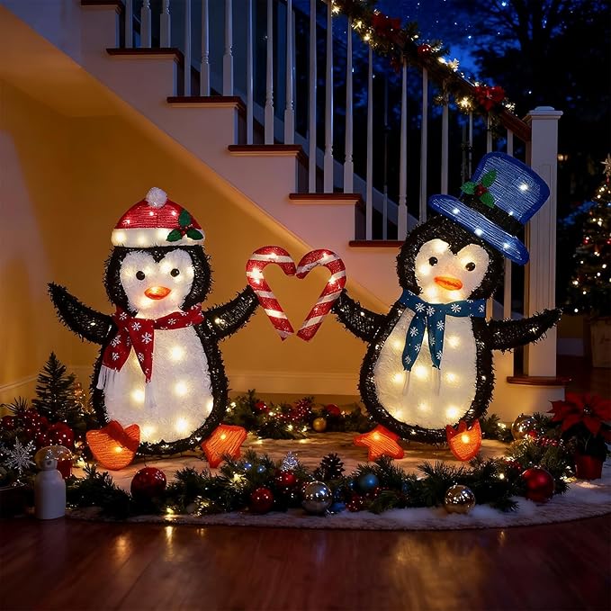 Christmas Decorations Penguin Heart String Lights 40L+40L - 30" 32" H Outdoor Fairy Lights with Transformer, 2M Plug-in Cord, Warm White - for Garden, Yard, Patio,