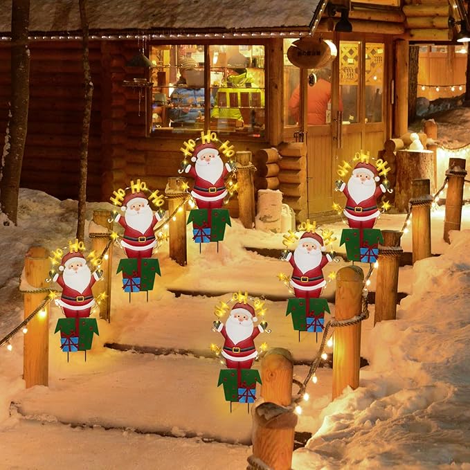 Christmas Outdoor Yard Signs Decorations, LED Solar Metal Garden Stake Lights with Joy for Patio Lawn Christmas Decor (Santa Claus)