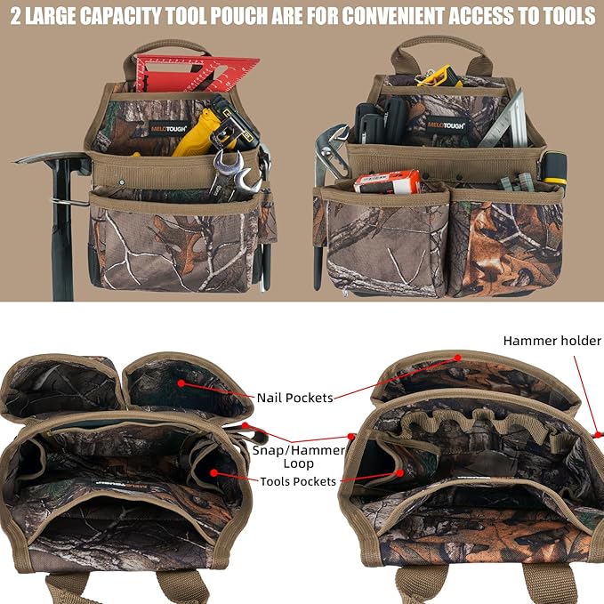 MELOTOUGH Camo Tool Belt with Suspenders Camouflage Tool Bag Supenders Framers Comb Apron Tool Belt Construction Tool Pouch Suspenders Heavy Duty Carpenter Suspension Rig for Electrician