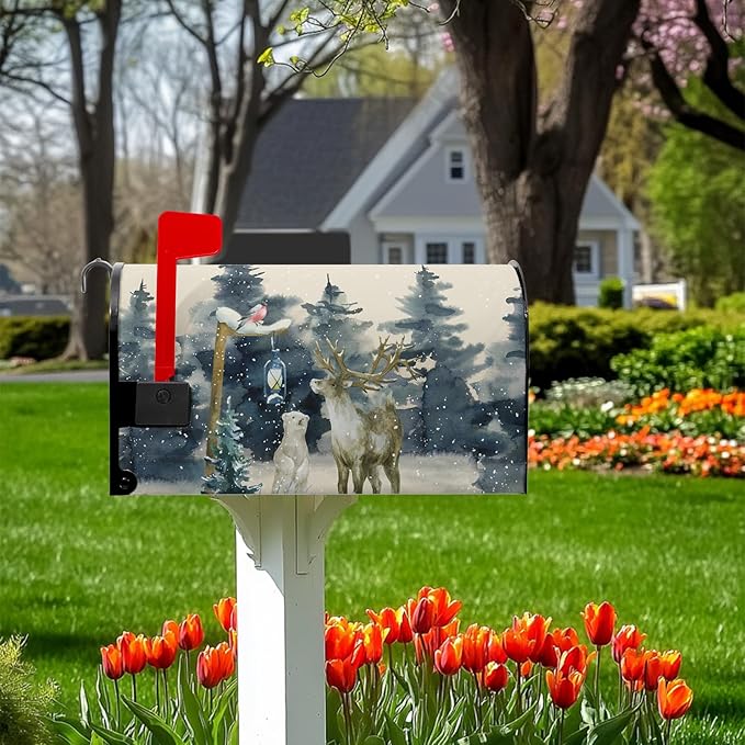 Winter Deer Mail Box Cover Bear Bird Mailbox Covers Magnetic Standard Size 21x18 inch Green Tree Mailbox Wraps Home Decor Outdoor Yard Decoration for Garden