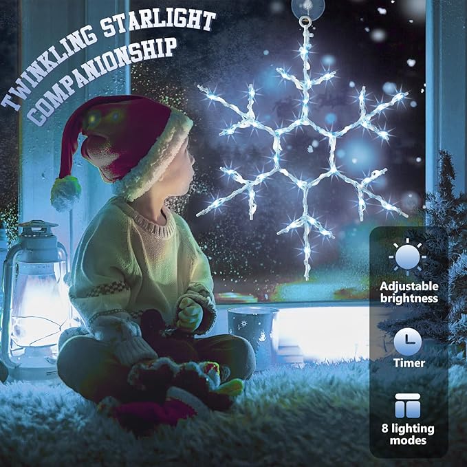 Tuanse 8 Pcs Christmas Silhouette Window Lights Christmas Snowflake Lights with Remote Control LED Lighted Snowflake Decorations Xmas for Window Wall (White)