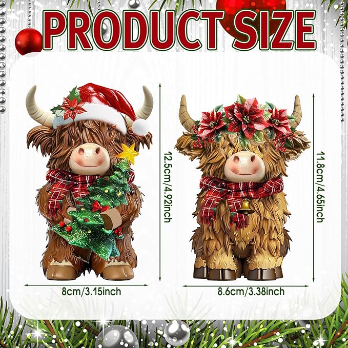 2 Pack Christmas Highland Cow Decor Resin Highland Cow Figurine Christmas Cows Gnomes with Santa's Hat Scarf Resin Statue for Garden Table Shelf Home Decor Calf Gnome Herd Gifts