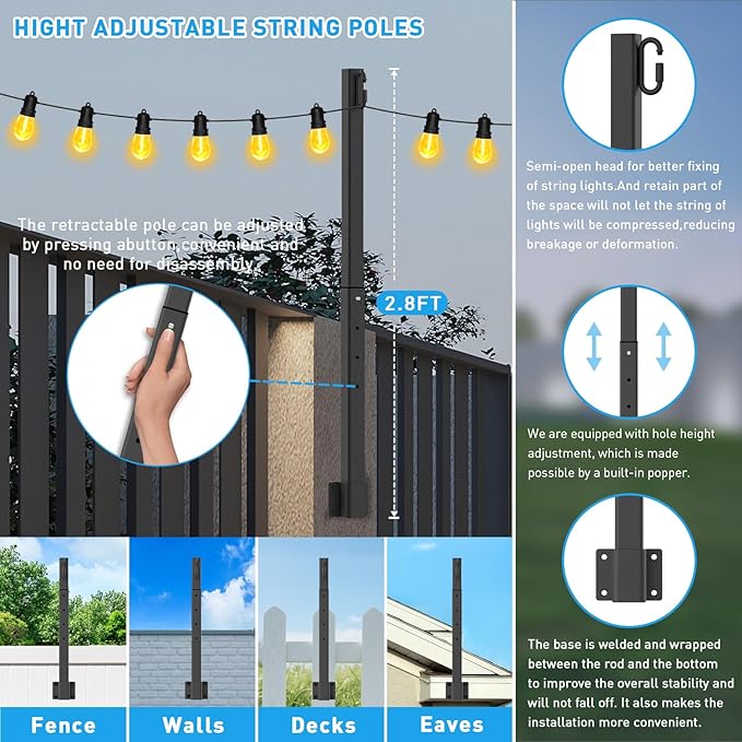 4 Pack 2.8Ft String Light Poles 4 Pack,Light Poles for Outside Lights,Outdoor with Fence Brackets Hanging Lights,Metal Stand Deck Patio Backyard